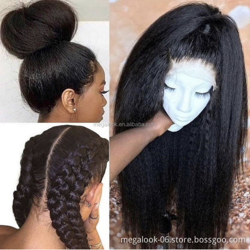 Kinky Straight 180% Density Lace Front Wig, 10A Grade Brazilian Yaki Cuticle Aligned Hair Wig